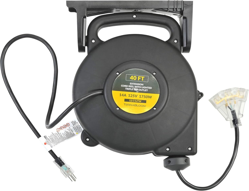 45 Ft Retractable Extension Cord Reel with 3 Electrical Outlets Heavy Duty Yellow Case Black Cable K742