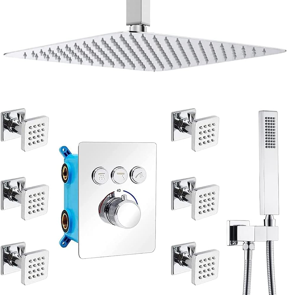 Matte Black 12 Inch Wall Mount LED Rainfall Shower System with 6pcs Body Jets and Shower Handheld D75372