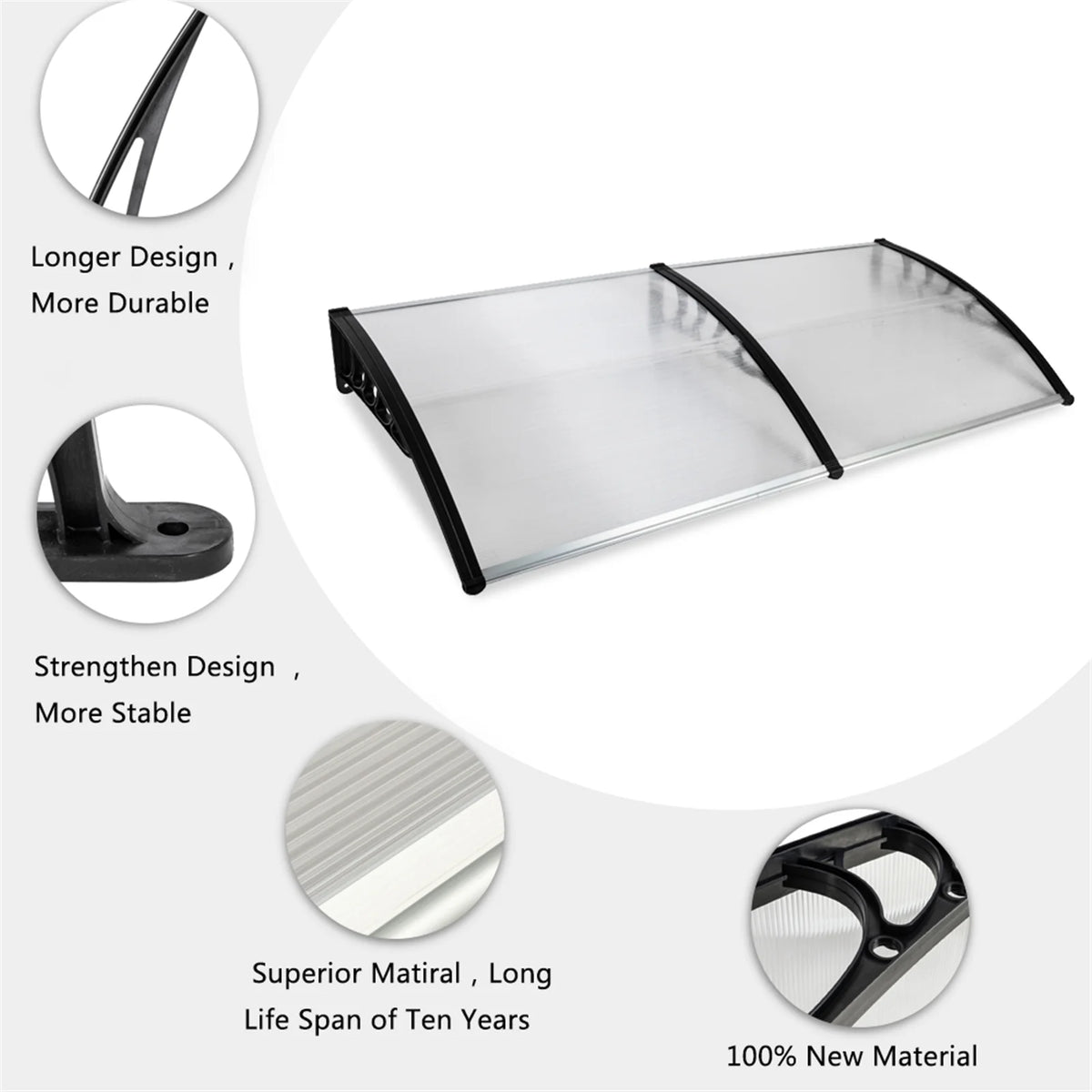 200 x 100 Clear Polycarbonate Rain Cover Eaves with Black ABS Bracket L98962
