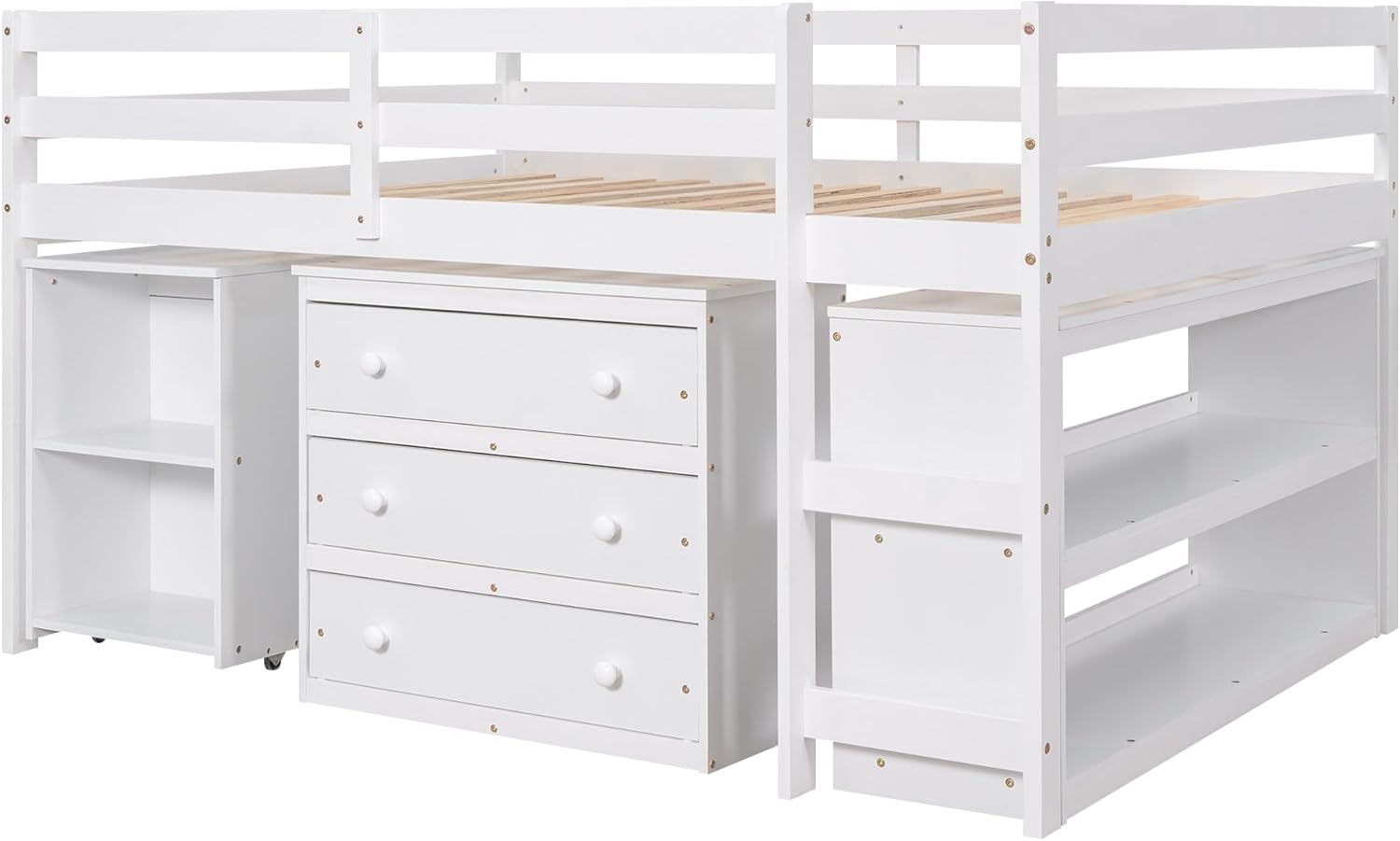 White Full Size Low Loft Bed with Cabinet Shelves and Rolling Portable Desk MDF Pine M548954