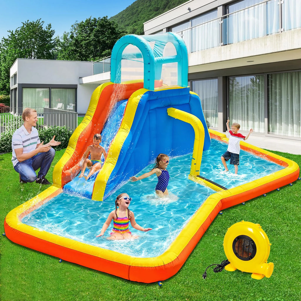 Inflatable Water Slide Park with Spray Pool, Bounce House with Climbing Wall and Blower X738