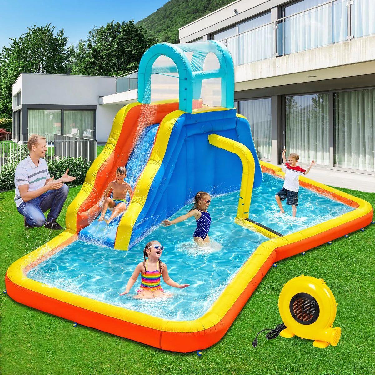 Inflatable Water Slide Park with Spray Pool, Bounce House with Climbing Wall and Blower X738