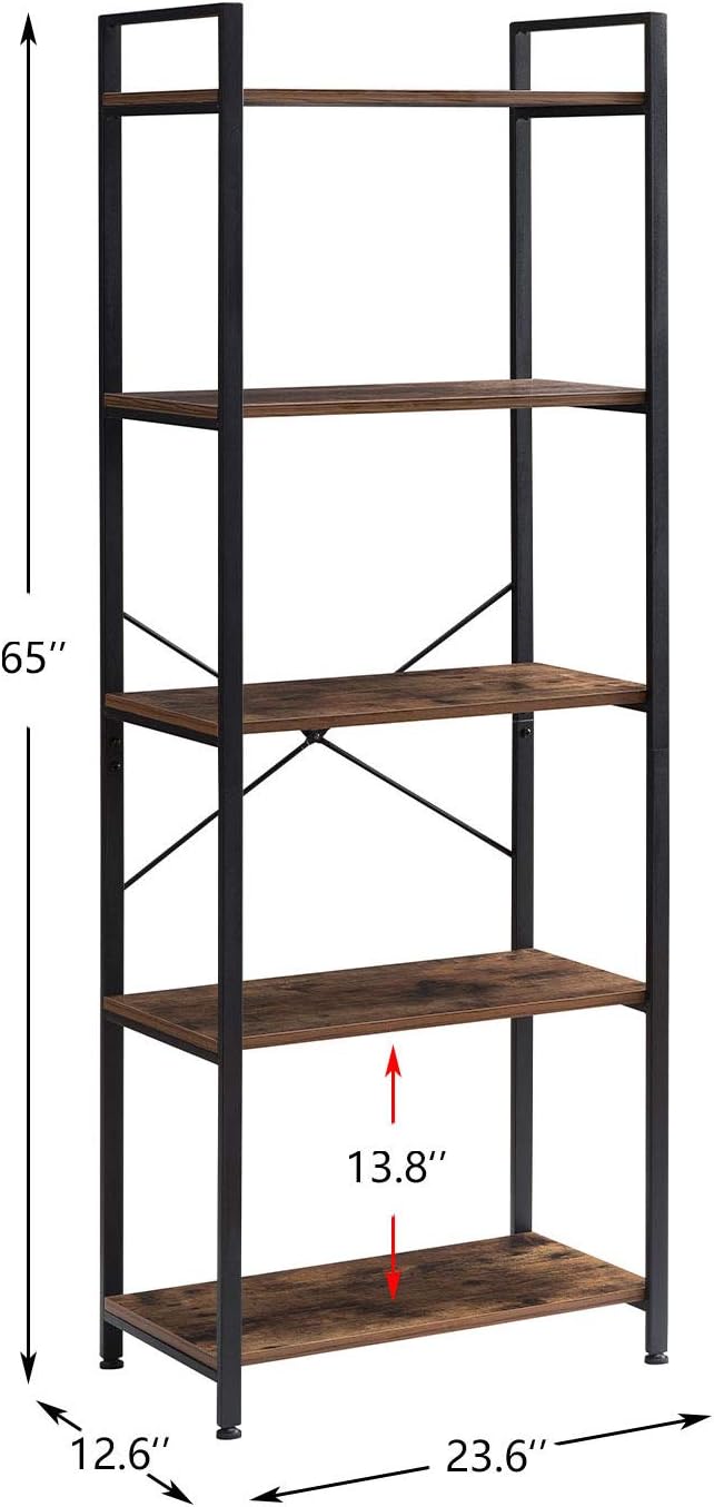 5-Tier Industrial Retro Brown Wood and Metal Bookcase U725