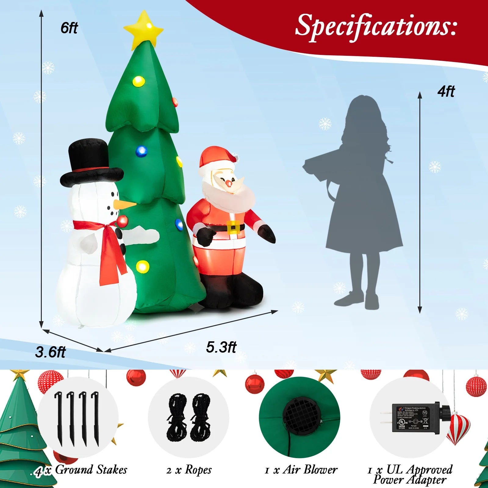 6FT Inflatable Christmas Tree & Santa Claus w/ LEDs & Air Blower Yard Decoration J2250