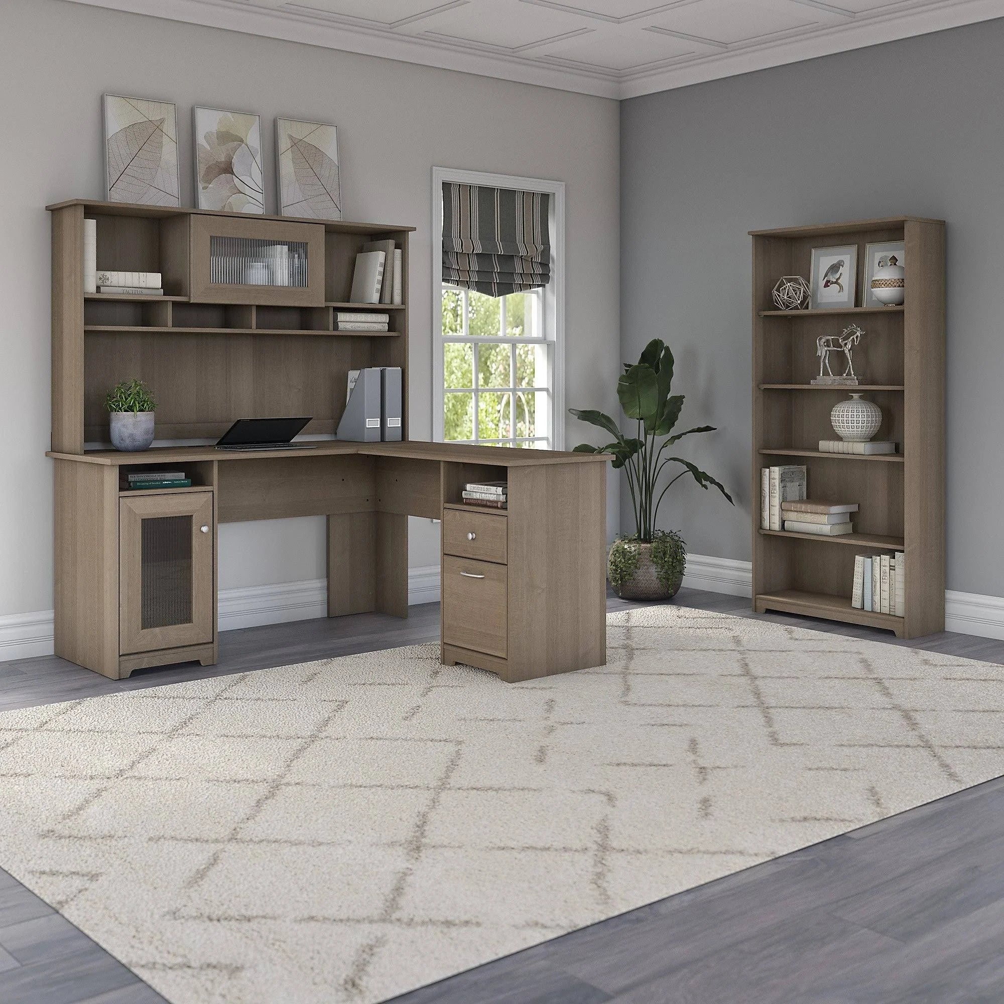 L-shaped Desk with 5-Shelf Bookcase and Hutch V906