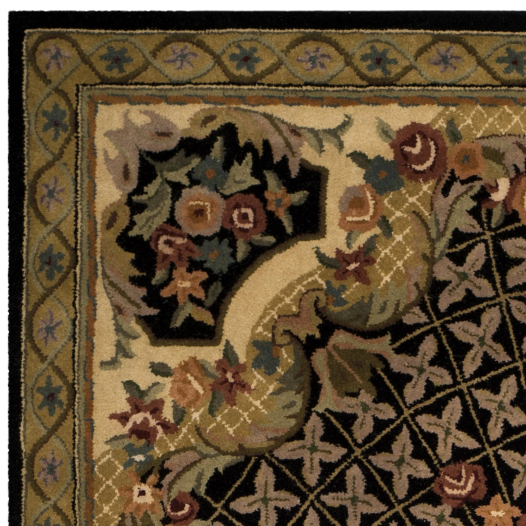 Floral Bordered Wool Area Rug, Black/Gold, 7'6" x 9'6" F2042