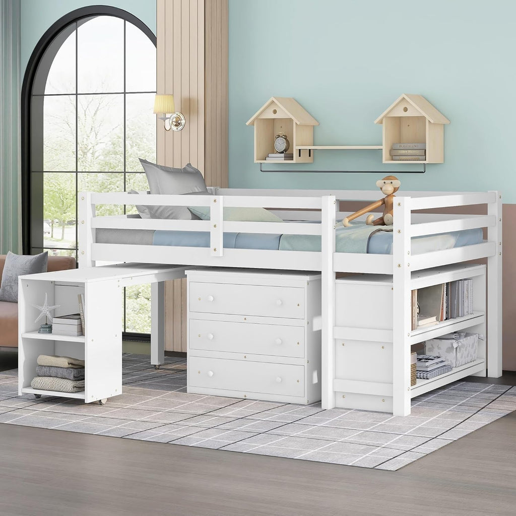 White Full Size Low Loft Bed with Cabinet Shelves and Rolling Portable Desk MDF Pine M548954