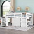 White Full Size Low Loft Bed with Cabinet Shelves and Rolling Portable Desk MDF Pine M548954
