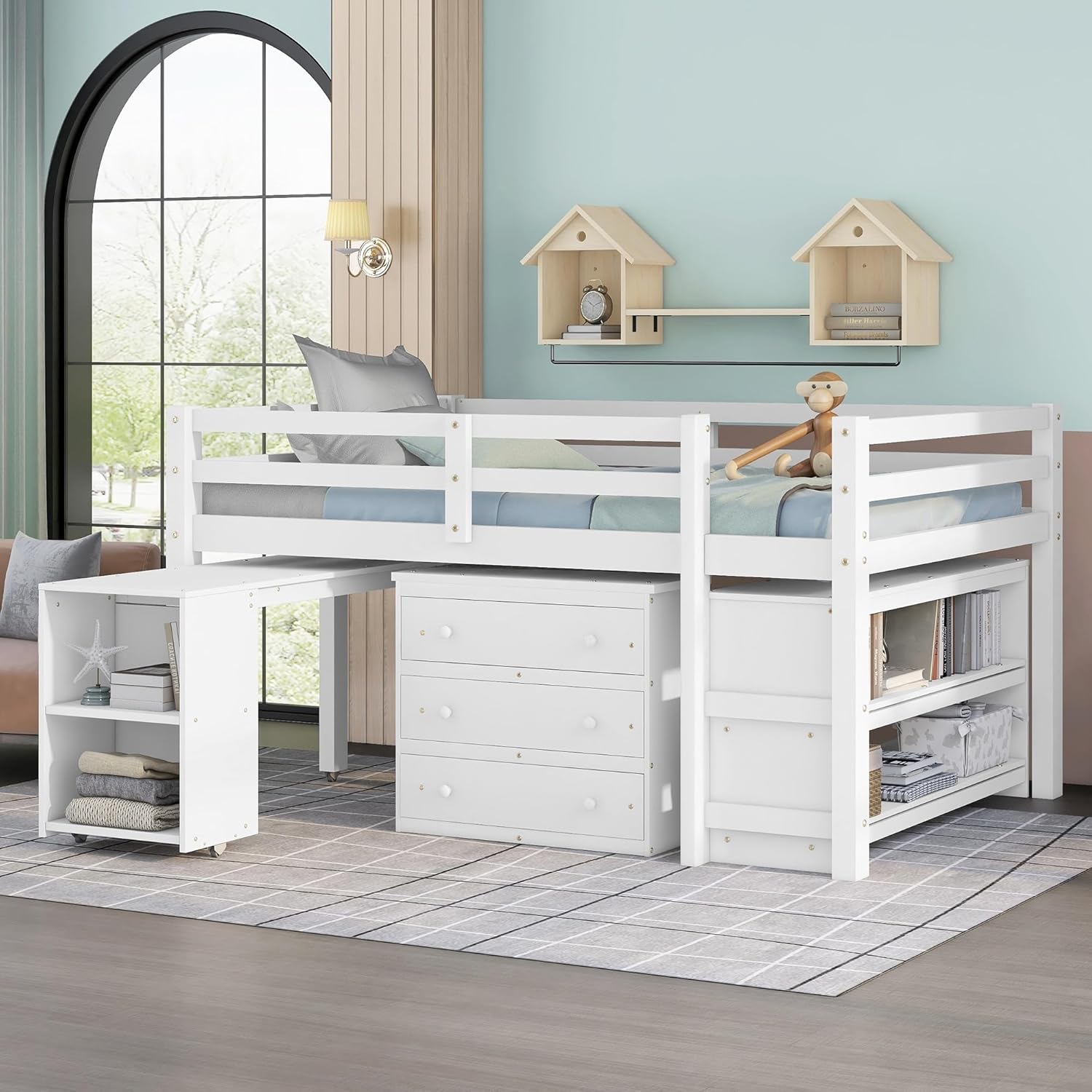 White Full Size Low Loft Bed with Cabinet Shelves and Rolling Portable Desk MDF Pine M548954