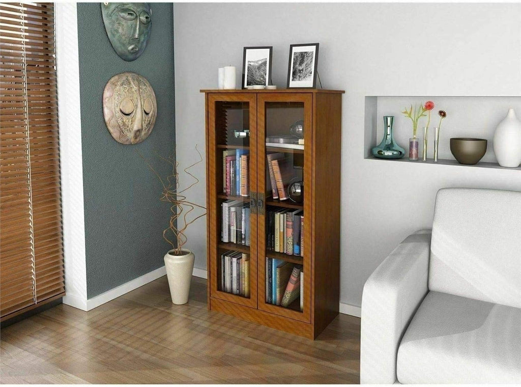 Cherry Finish Wooden Glass Door Bookcase with 2 Adjustable Shelves K130674