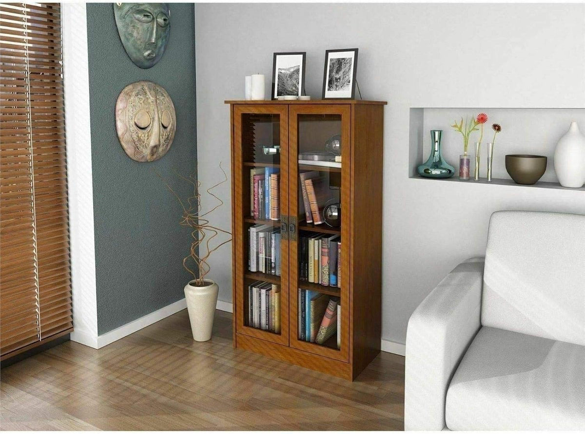 Cherry Finish Wooden Glass Door Bookcase with 2 Adjustable Shelves K130674