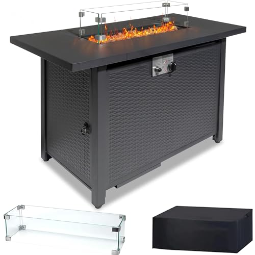 43 Inch Propane Fire Pit Table with Lid and Metal Tabletop, 50,000 BTU Gas Fire Pit Table with 6.6 Pounds Lava Stones C215