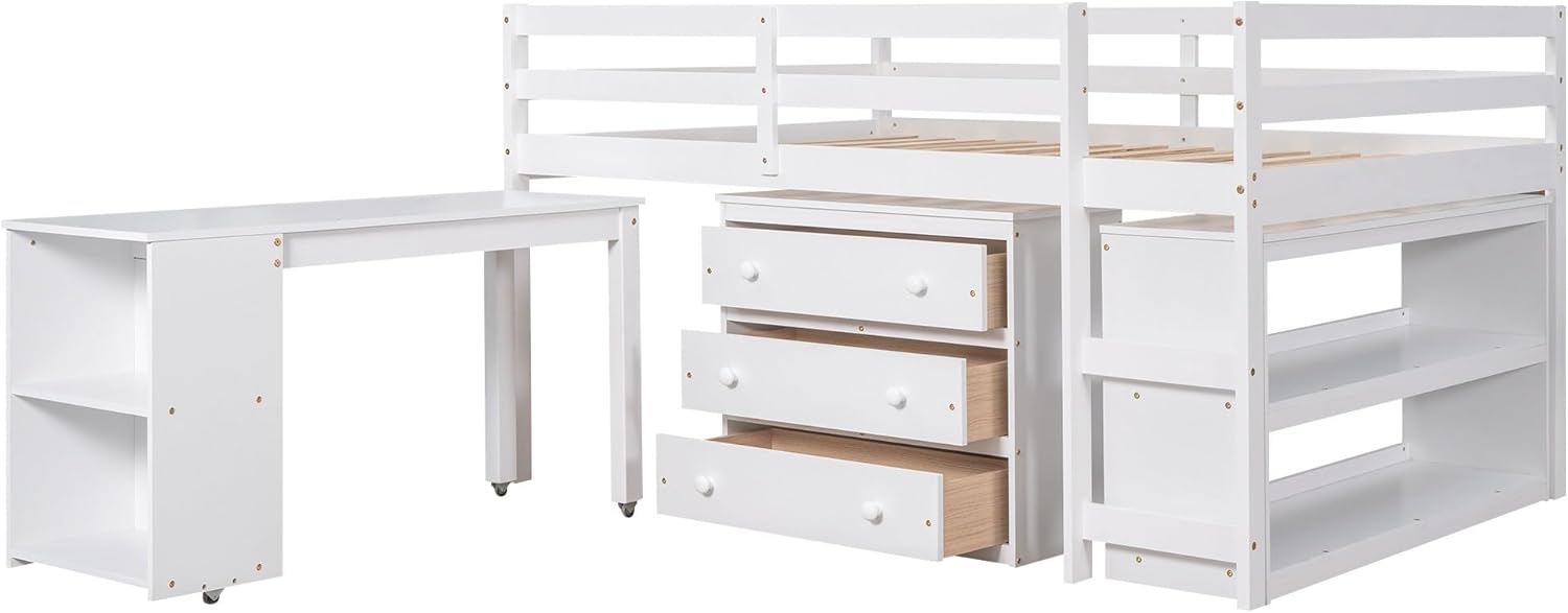 White Full Size Low Loft Bed with Cabinet Shelves and Rolling Portable Desk MDF Pine M548954