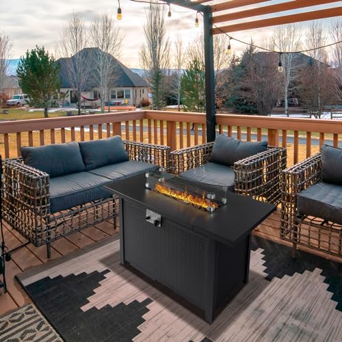 43 Inch Propane Fire Pit Table with Lid and Metal Tabletop, 50,000 BTU Gas Fire Pit Table with 6.6 Pounds Lava Stones C215