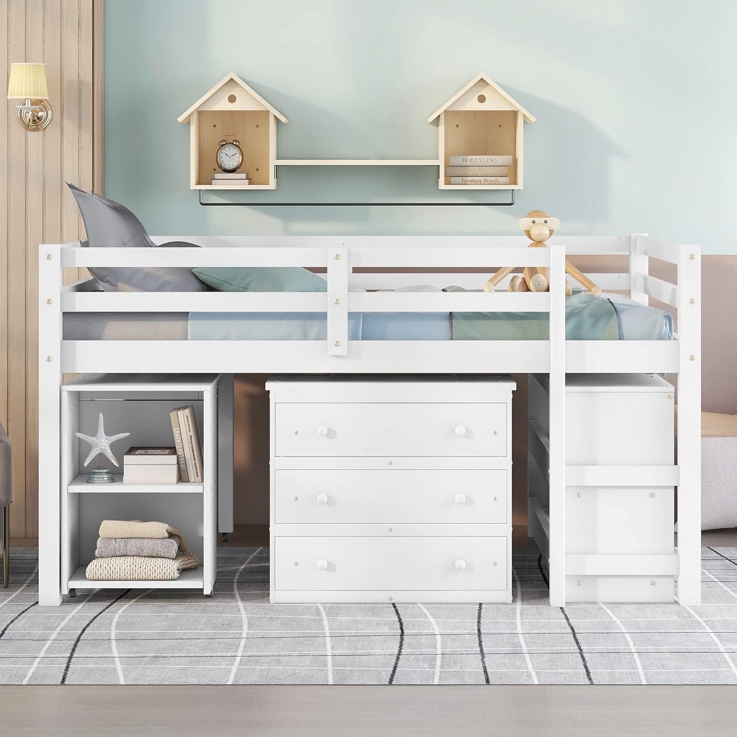 White Full Size Low Loft Bed with Cabinet Shelves and Rolling Portable Desk MDF Pine M548954