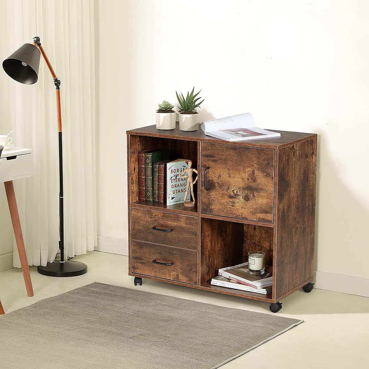 2 Drawers Mobile Wooden Lateral Filing Cabinet with Lockable Casters Y802
