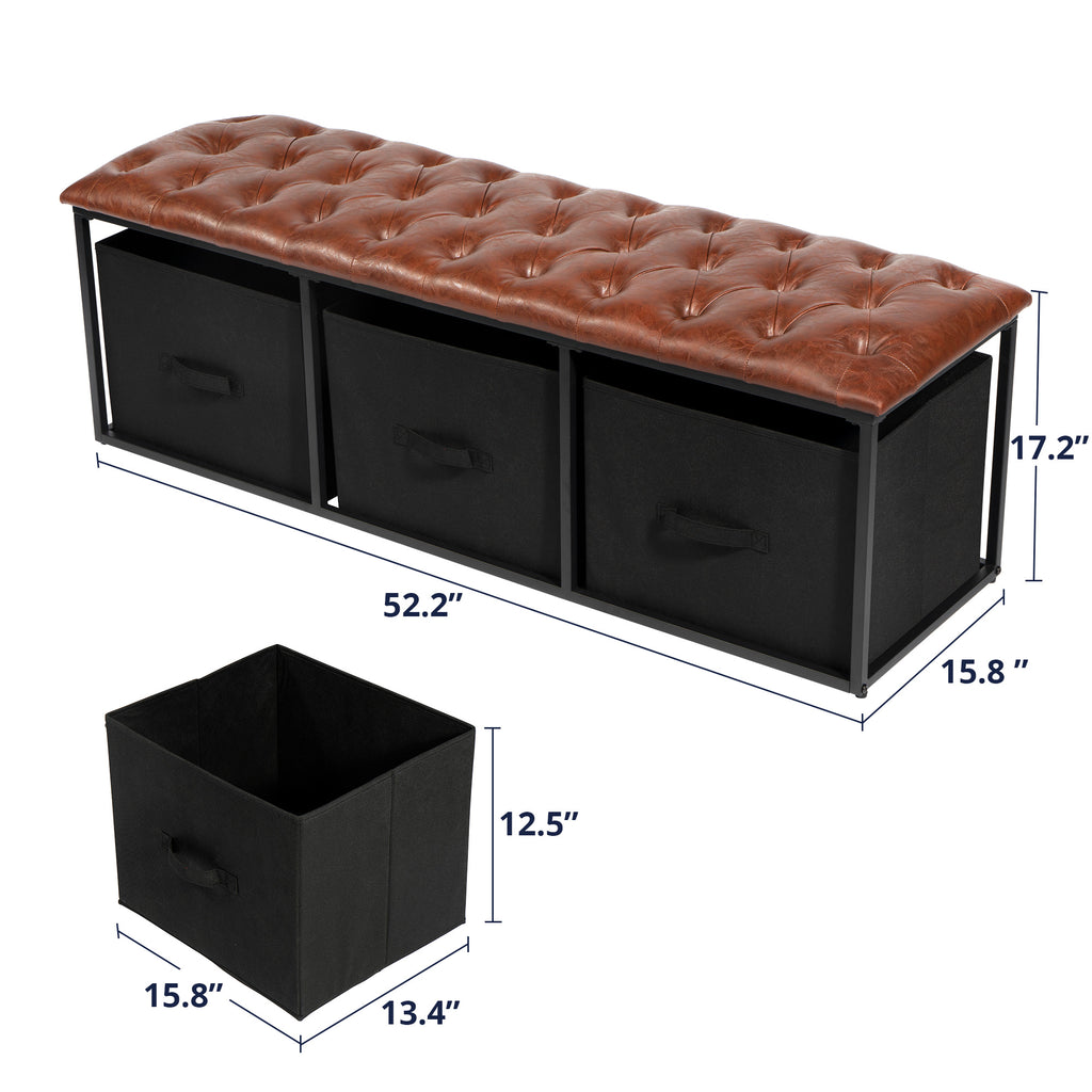 Brown Button Tufted Faux Leather Storage Bench A758694