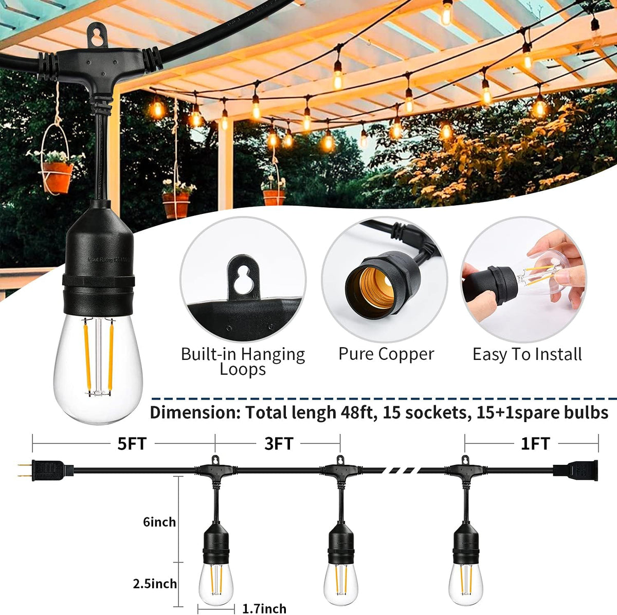 2 Pack 48FT LED Outdoor String Lights with 2W Dimmable Edison Shatterproof Plastic Bulbs H1021
