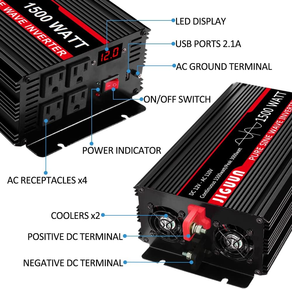 Pure Sine Wave Inverter 1500 Watt DC 12V to AC 120V with LCD, 4 AC Outlets & USB Output, 170ft Wireless Control R23525