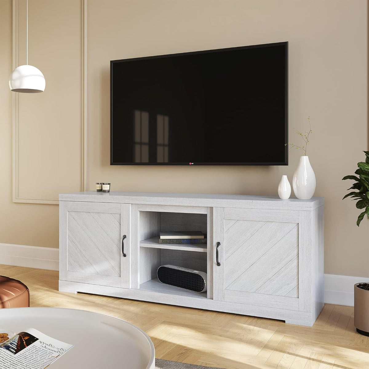 Gray Wash TV Stand with Two Shelves and Storage Cabinets D52188
