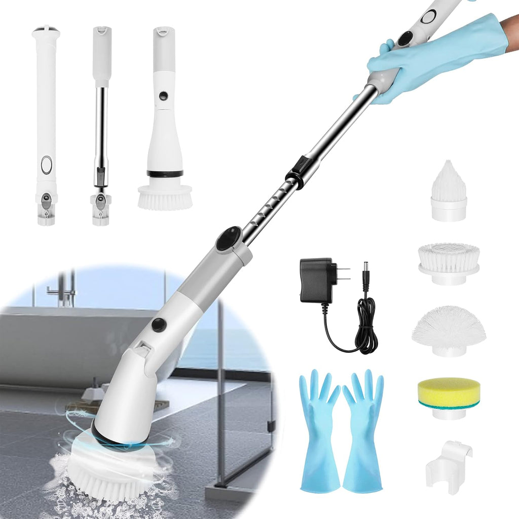 Electric Spin Scrubber with Adjustable Extension Handle & 4 Replaceable Brush Heads A2686