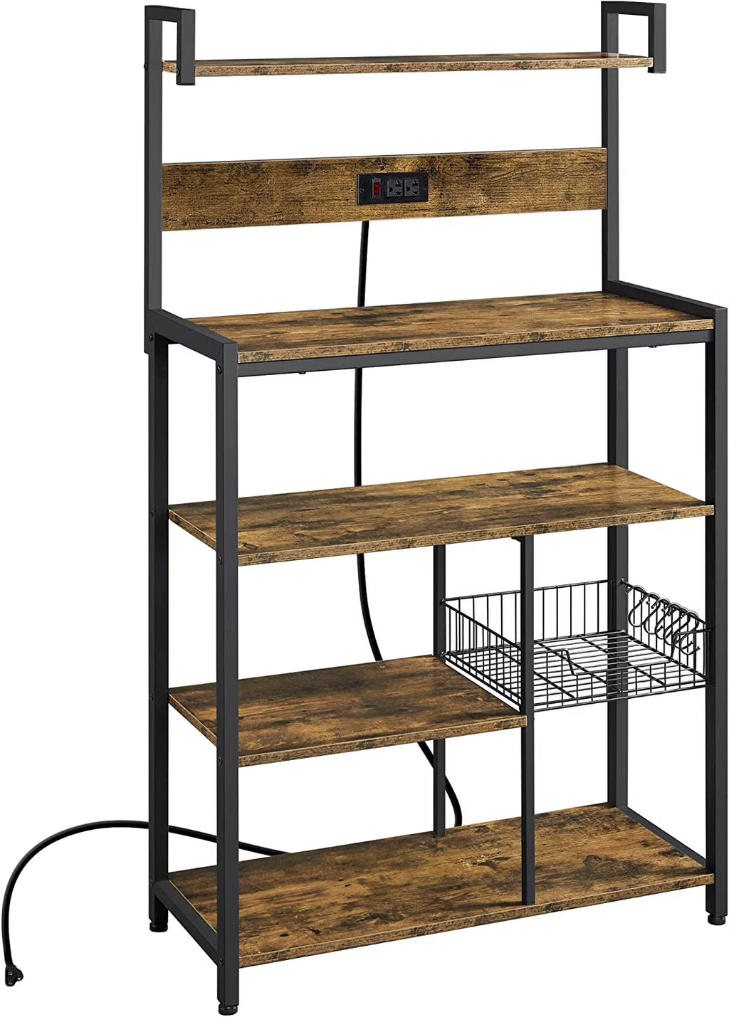 Rustic Brown 5-Tier Bakers Rack with Power Outlet R458