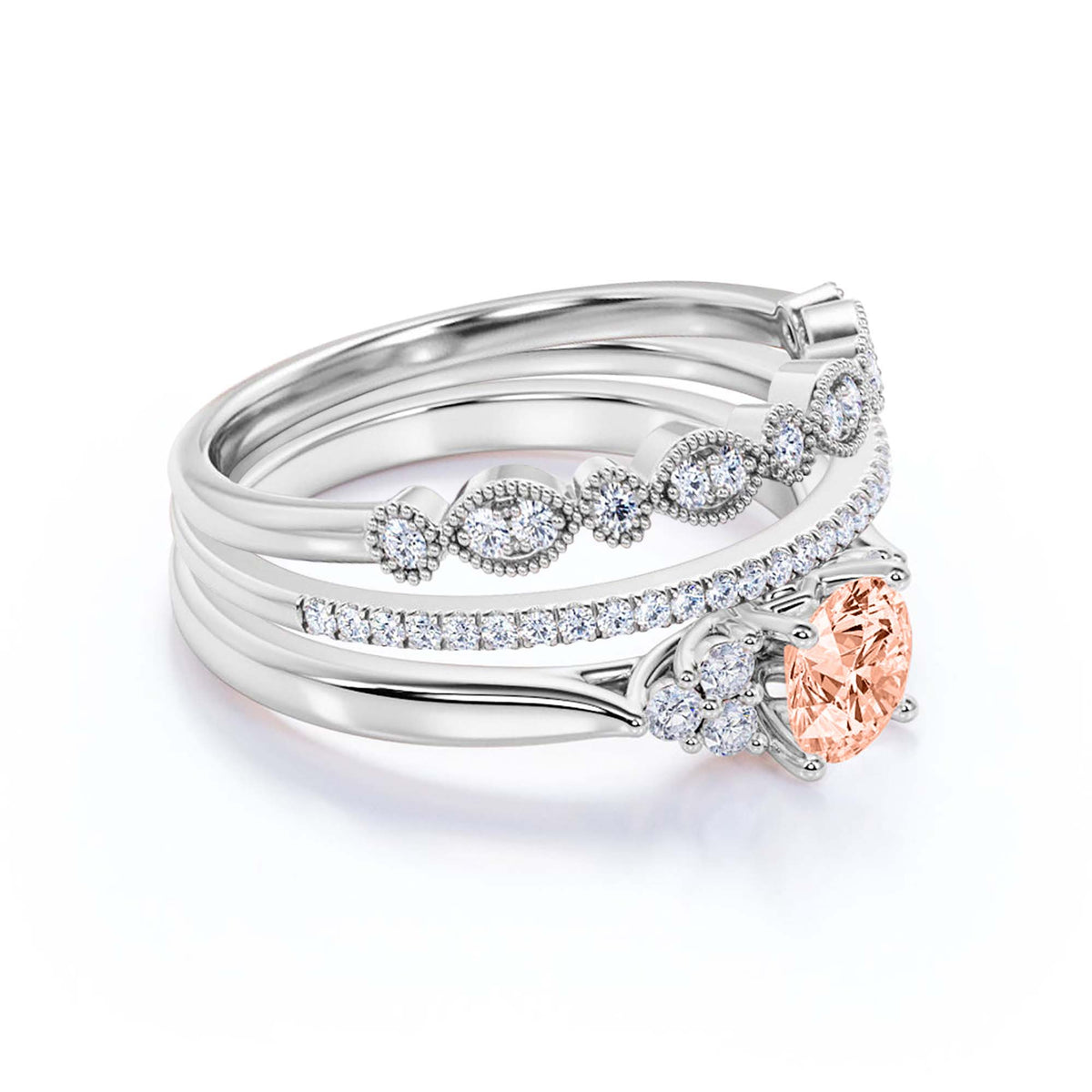 2.25 Carat Round Cut Morganite And Diamond Moissanite Engagement Ring in 10k Solid White Gold W448