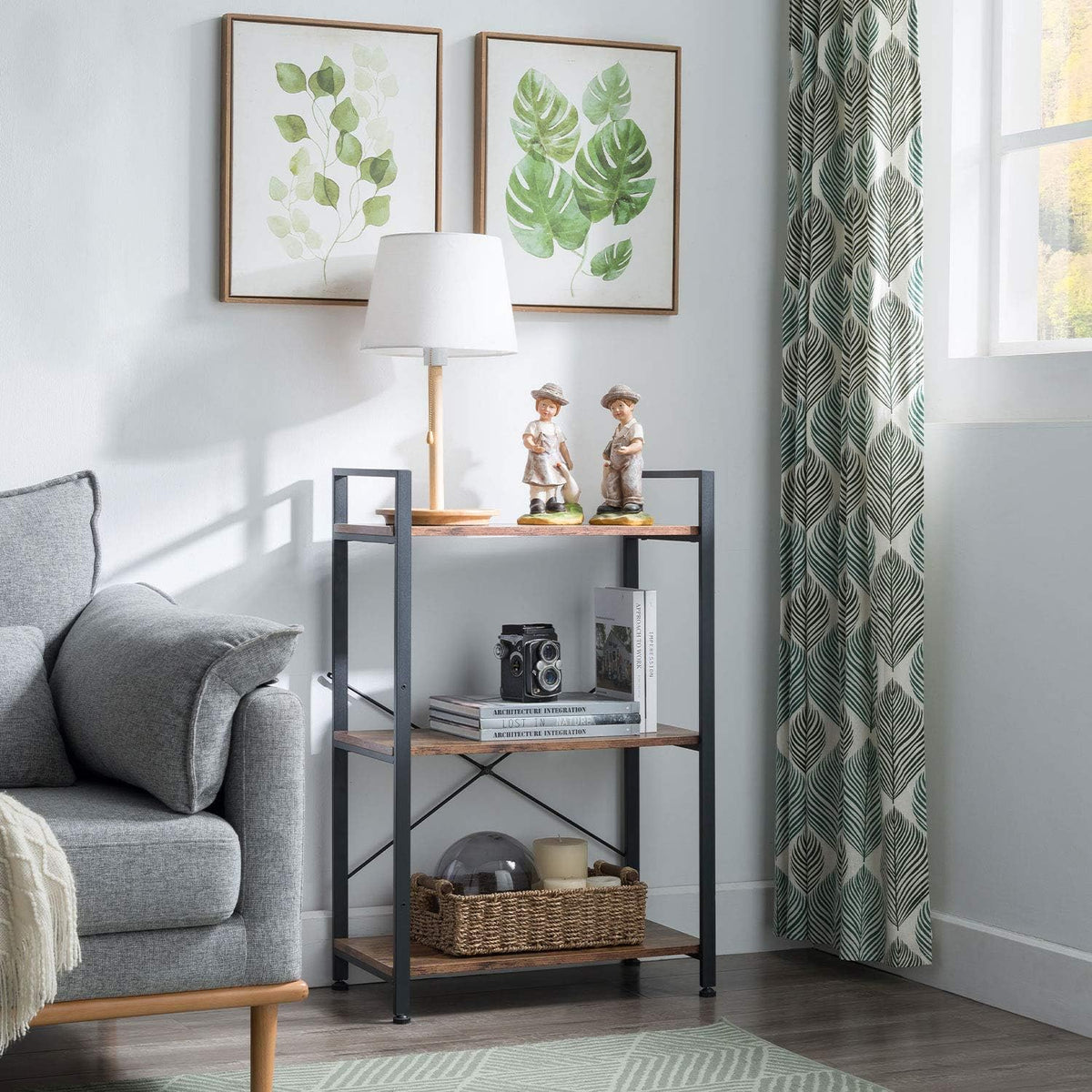 5-Tier Industrial Retro Brown Wood and Metal Bookcase U725