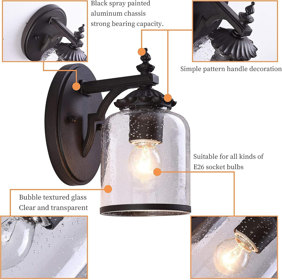 Farmhouse Exterior Lantern with Glass, Die Casting Aluminum 1-Light Wall Light C6451