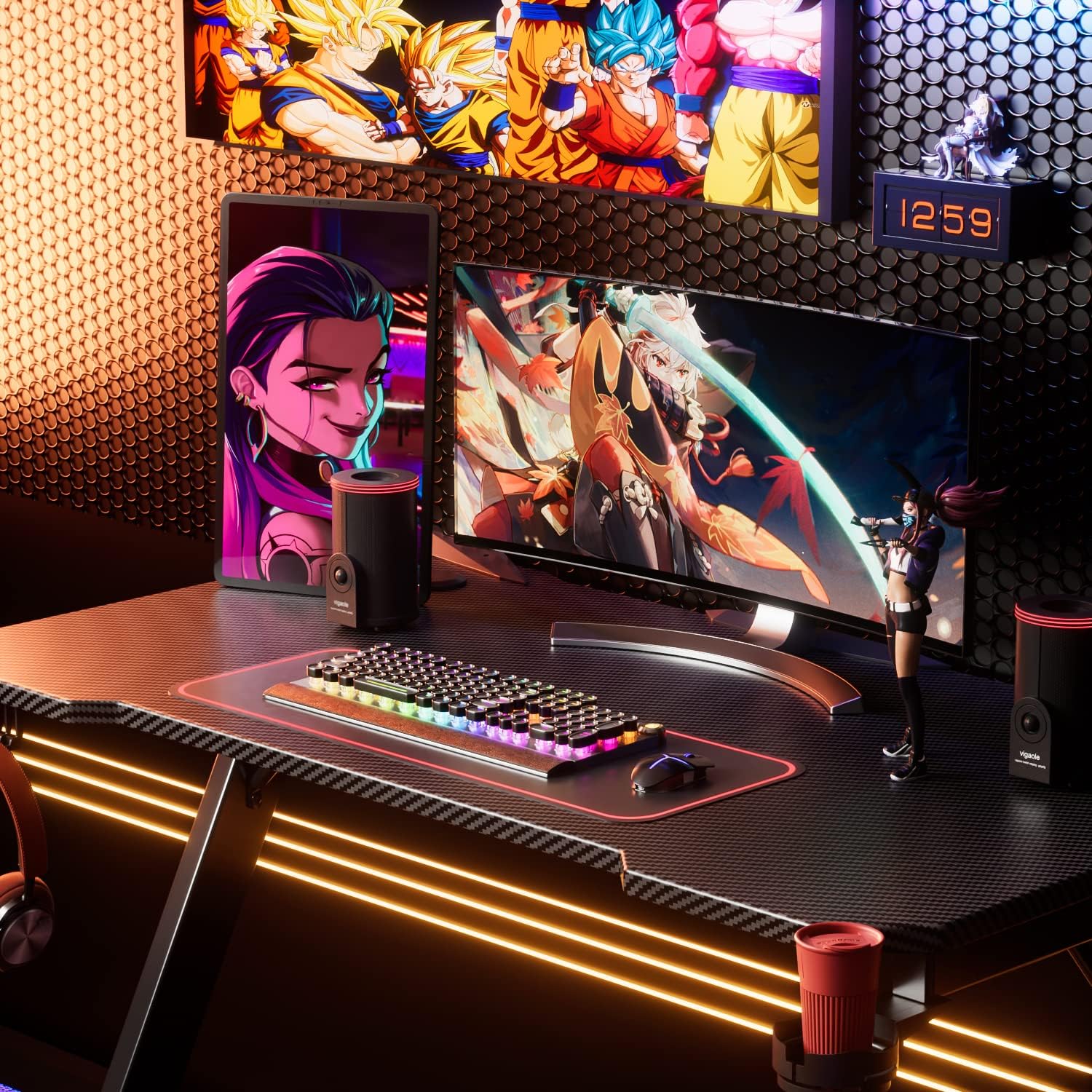 Black 44 Inch Gaming Desk with Cup Holder and Headphone Hook I97781