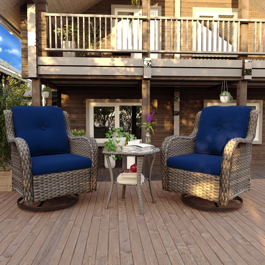 Blue Wicker Patio Swivel Rocker Chairs Set of 2 with Table K195