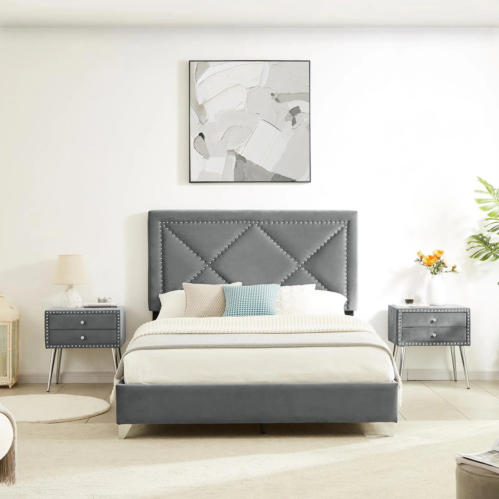 Gray Velvet Nightstand with 2 Drawers and Metal Legs Y391