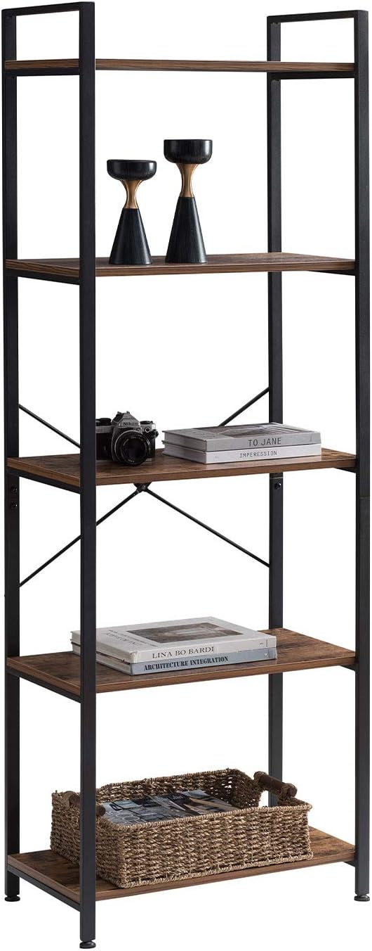 5-Tier Industrial Retro Brown Wood and Metal Bookcase U725