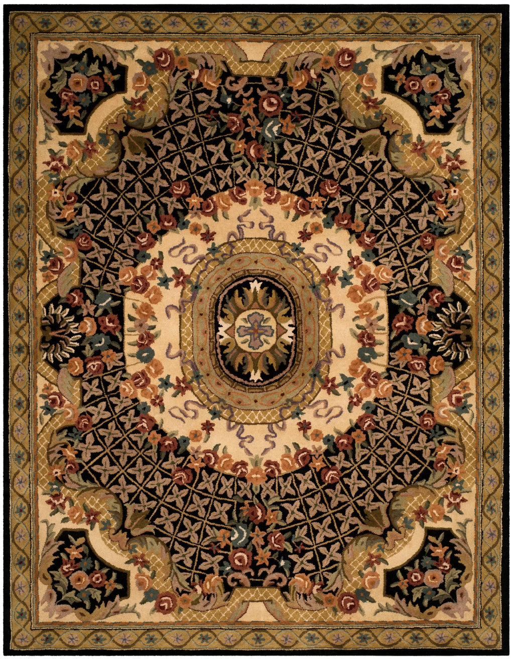 Floral Bordered Wool Area Rug, Black/Gold, 7'6" x 9'6" F2042