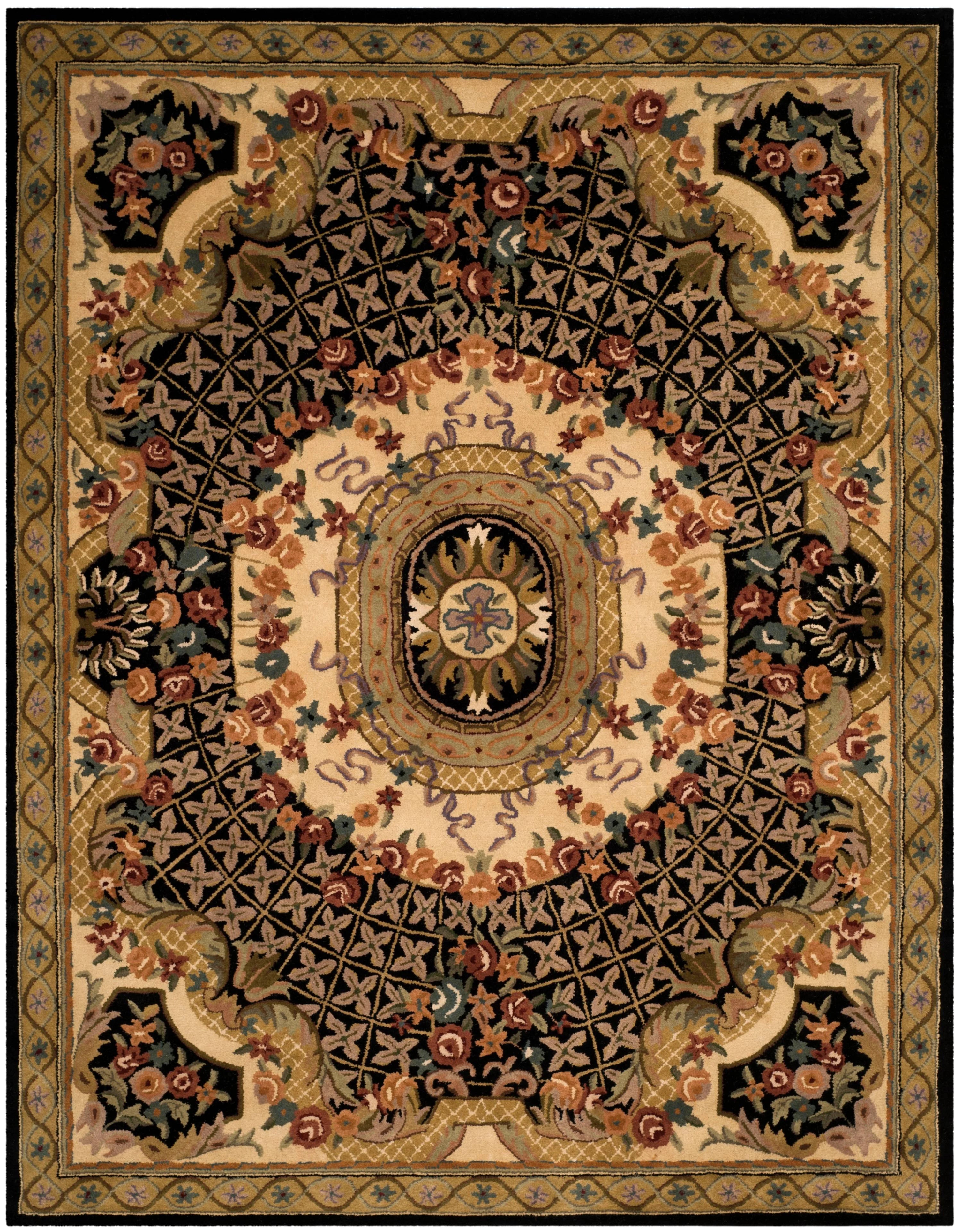 Floral Bordered Wool Area Rug, Black/Gold, 7'6" x 9'6" F2042