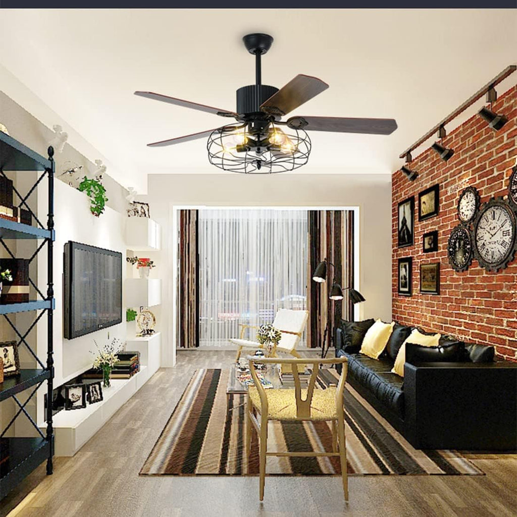 Black Industrial Ceiling Fan with Light and Remote, 5 Wood Blades, 5-Lights E26 R1419