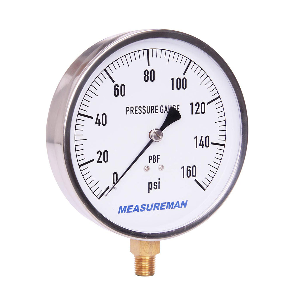 304 Stainless Steel Case Pressure Gauge, 0-200Psi, 4-1/2 Dial Size, 1/4 NPT Lower Mount U437035