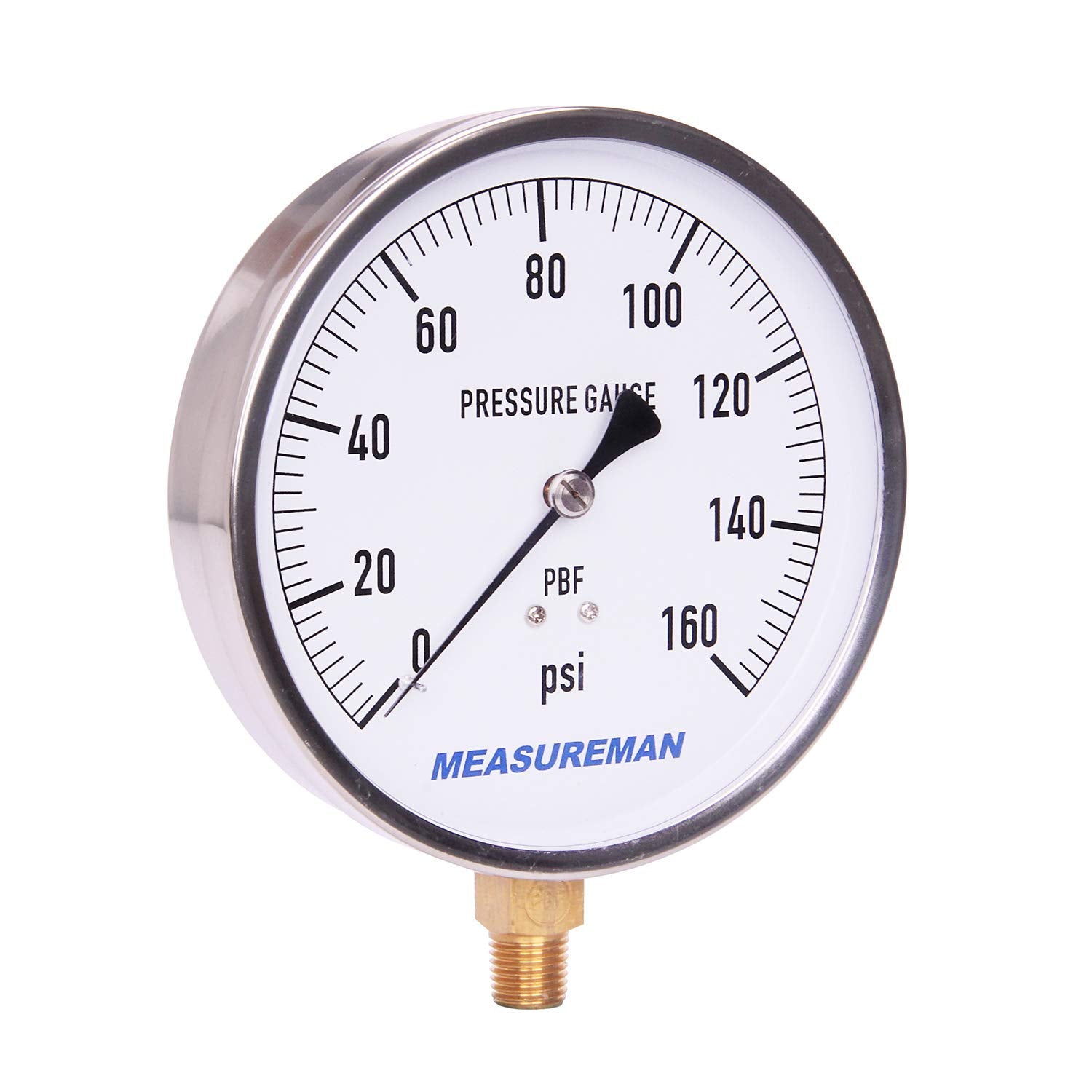 304 Stainless Steel Case Pressure Gauge, 0-200Psi, 4-1/2 Dial Size, 1/4 NPT Lower Mount U437035