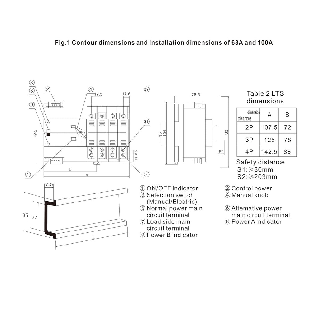 Mini ATS 2P Automatic Transfer Switch Dual Power Switch Din Rail Type 63A 100A X2983