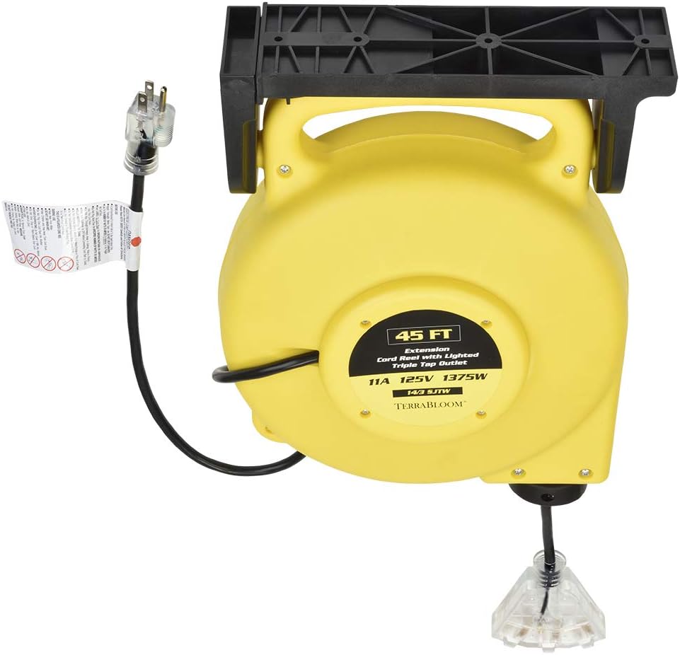 45 Ft Retractable Extension Cord Reel with 3 Electrical Outlets Heavy Duty Yellow Case Black Cable K742