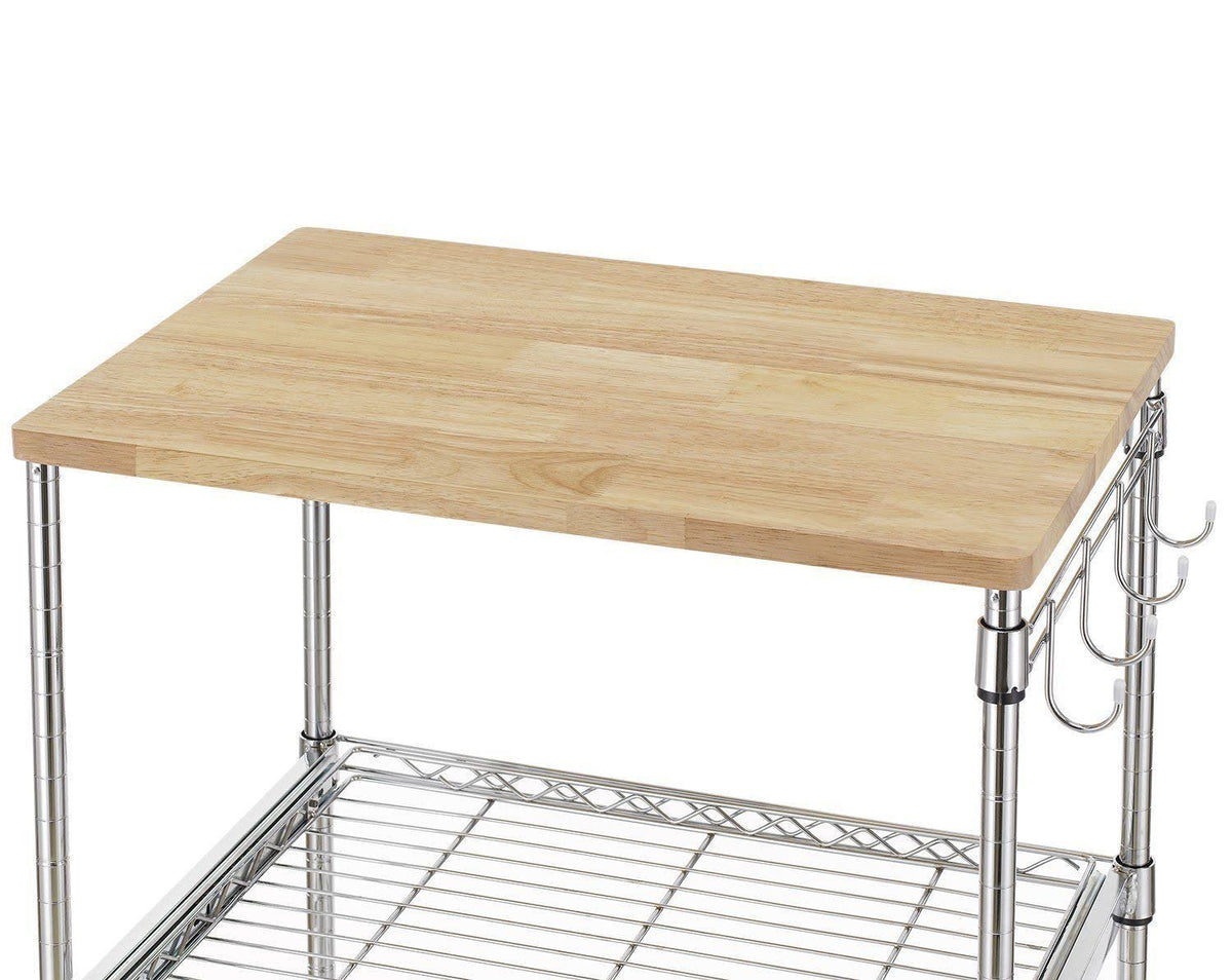 3-Tier Wire Rolling Kitchen Cart with Oak Cutting Board and Chrome Z995809