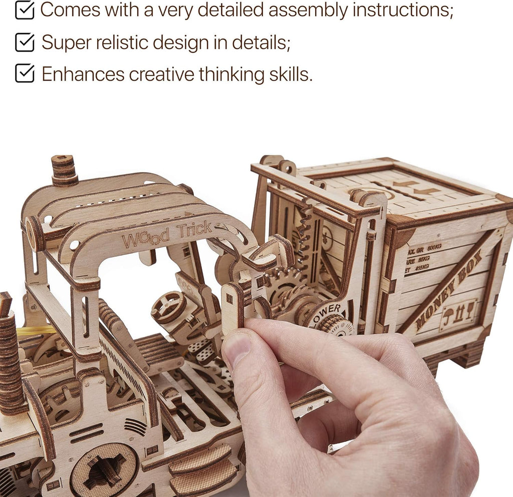 3D Wooden Puzzle Forklift Truck Model Kit with Pallet and Money Box O70754