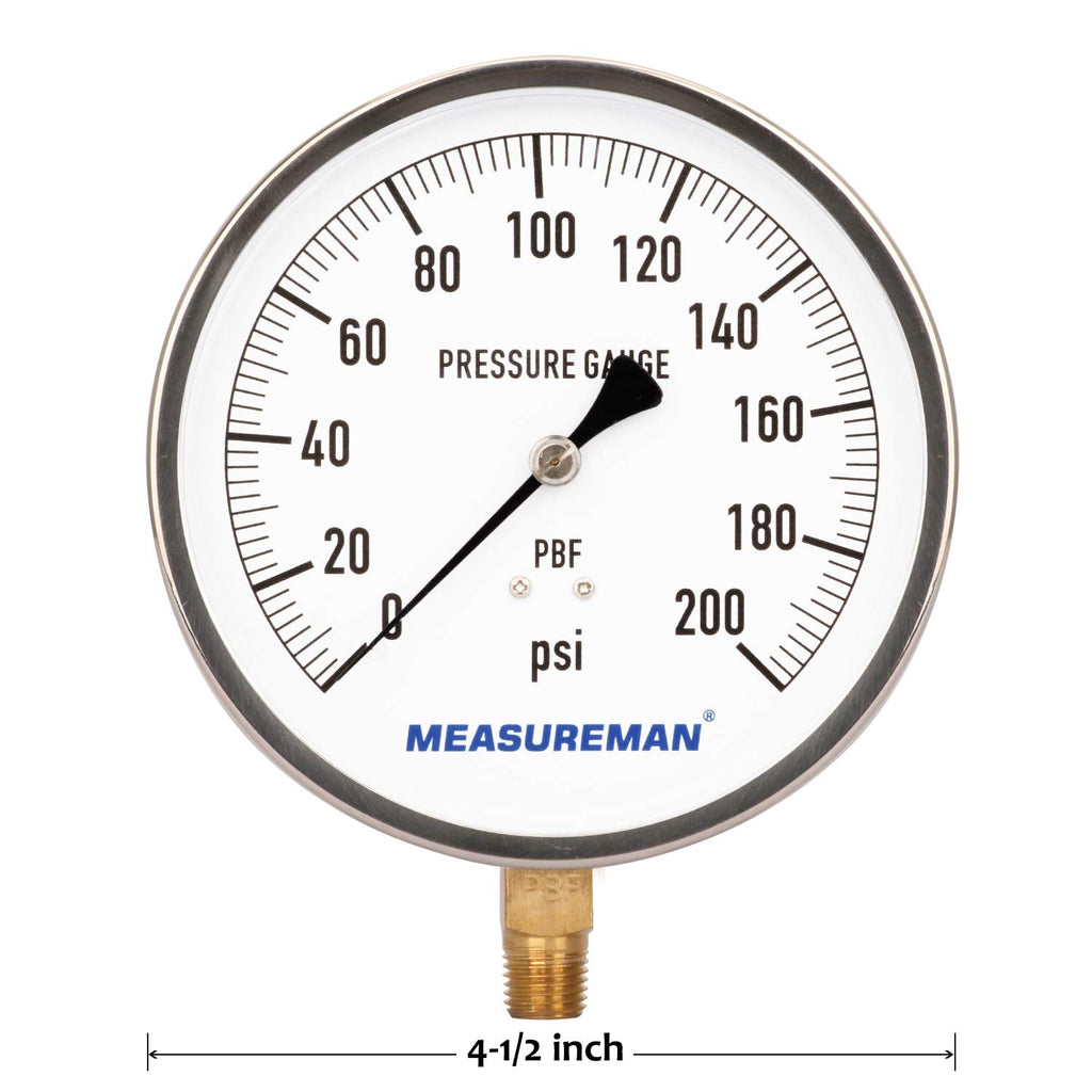 304 Stainless Steel Case Pressure Gauge, 0-200Psi, 4-1/2 Dial Size, 1/4 NPT Lower Mount U437035