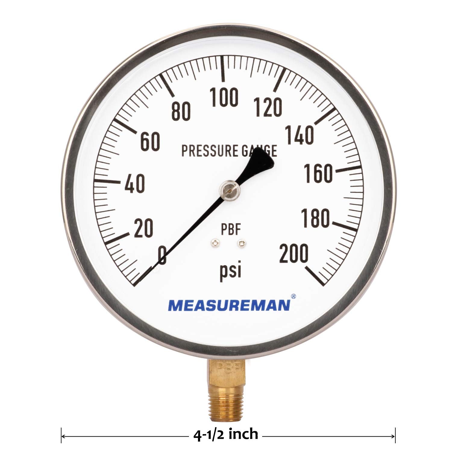 304 Stainless Steel Case Pressure Gauge, 0-200Psi, 4-1/2 Dial Size, 1/4 NPT Lower Mount U437035