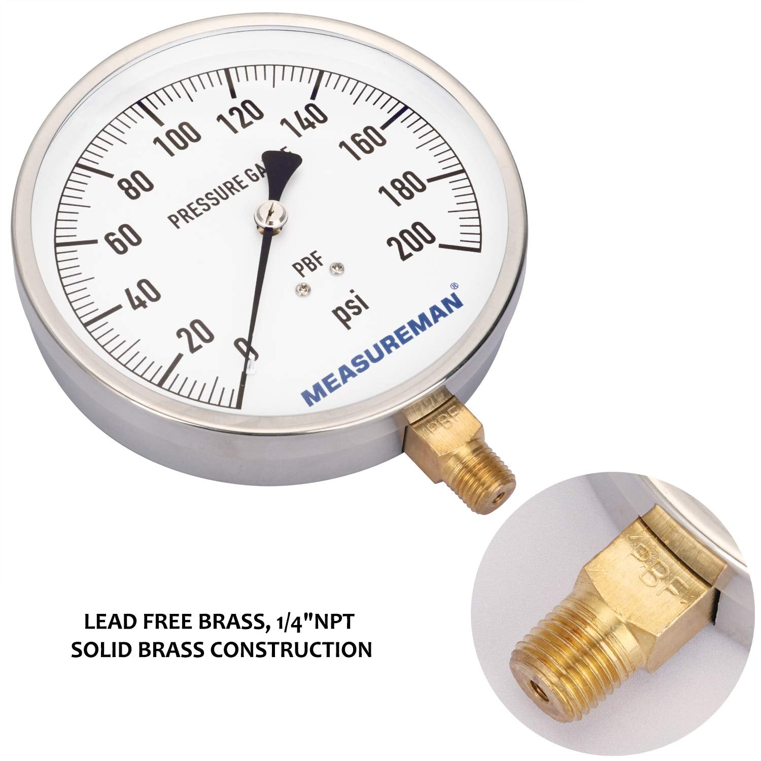 304 Stainless Steel Case Pressure Gauge, 0-200Psi, 4-1/2 Dial Size, 1/4 NPT Lower Mount U437035
