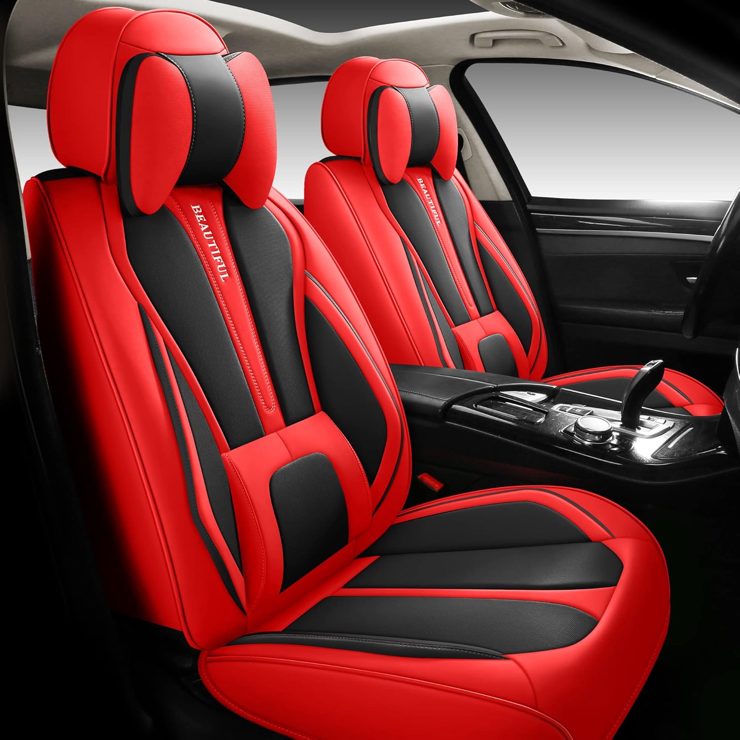 Red Leather Car Seat Covers Full Set 5 Seats K2304