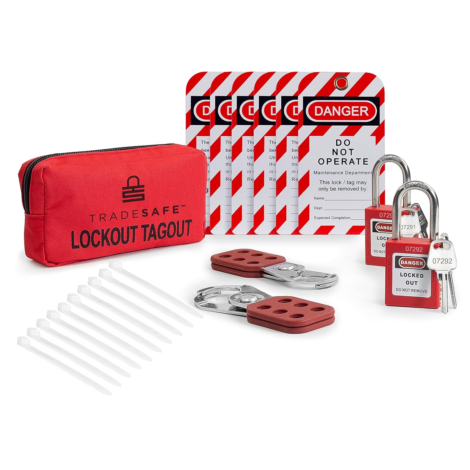 Lockout Tagout Kit with Hasps, Loto Tags, Red Safety Padlocks (2 Keys Per Lock) I872