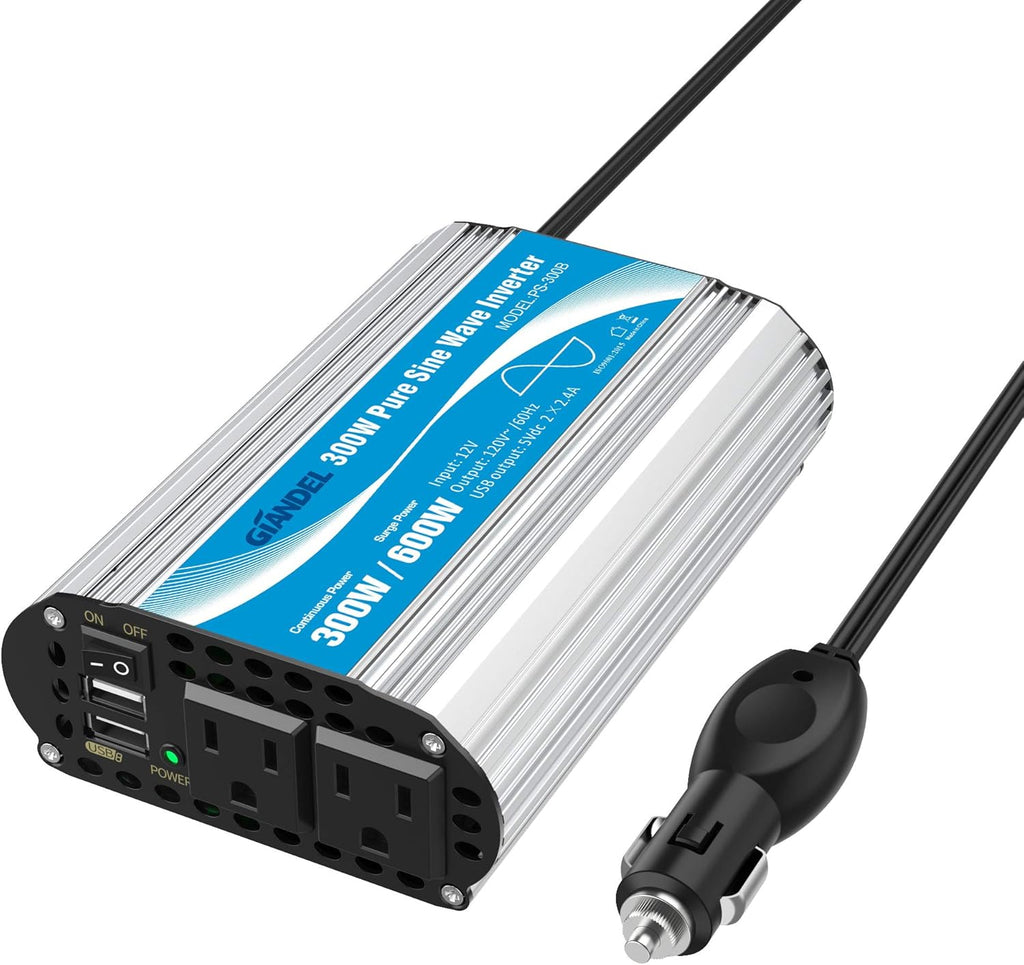 300Watt Pure Sine Wave Power Inverter 12V DC to 120V AC with 4.8A Dual USB and 2 AC Outlets B8877