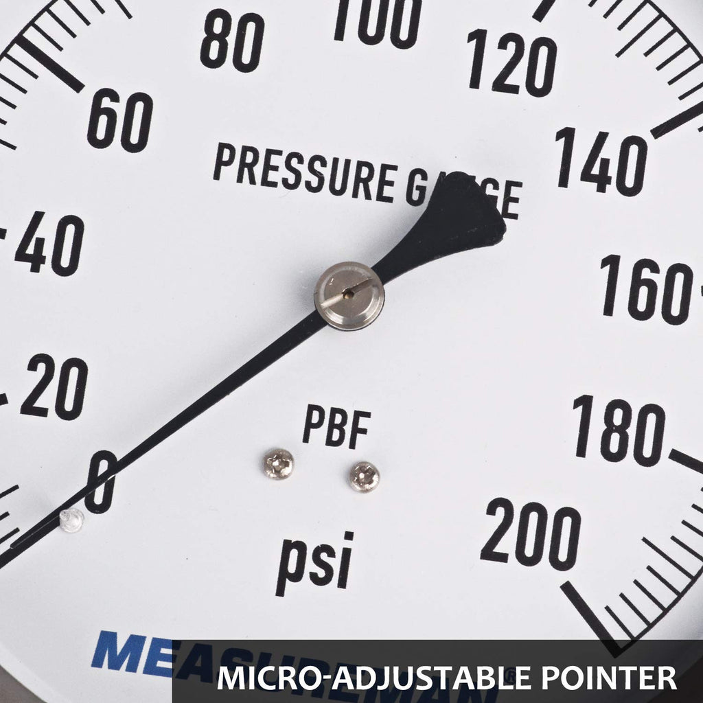 304 Stainless Steel Case Pressure Gauge, 0-200Psi, 4-1/2 Dial Size, 1/4 NPT Lower Mount U437035