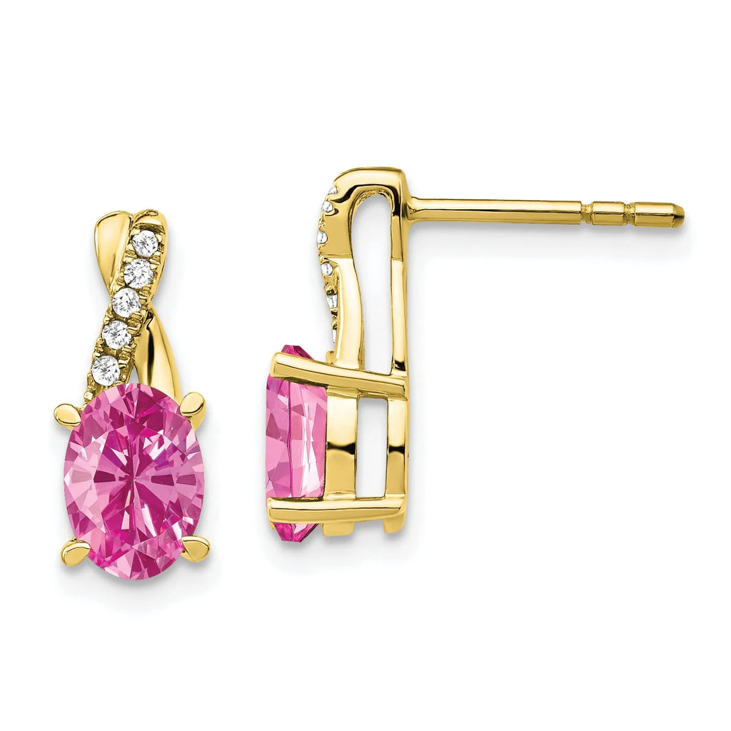 10K Yellow Gold Created Pink Sapphire and Diamond Earrings S9897